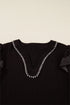 Ruffle Trim Long Sleeve Stitch Detail V Neck Blouse