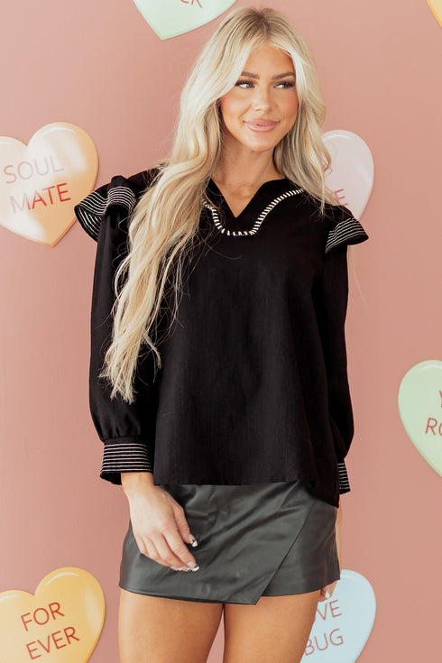 Ruffle Trim Long Sleeve Stitch Detail V Neck Blouse