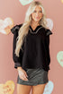 Ruffle Trim Long Sleeve Stitch Detail V Neck Blouse