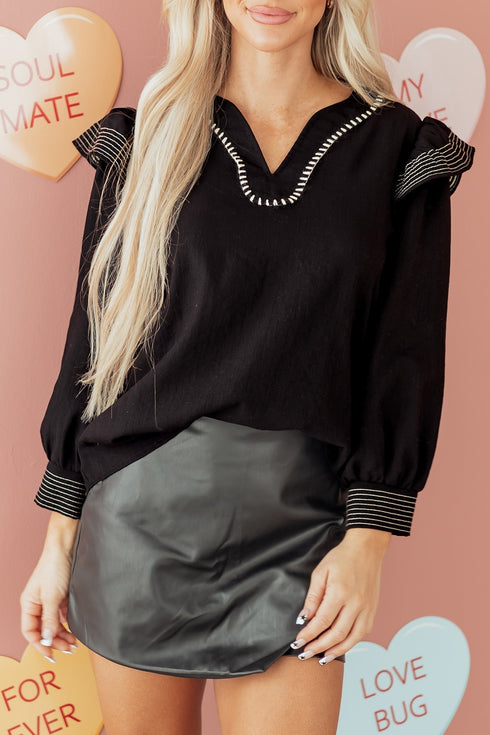 Ruffle Trim Long Sleeve Stitch Detail V Neck Blouse