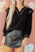 Ruffle Trim Long Sleeve Stitch Detail V Neck Blouse