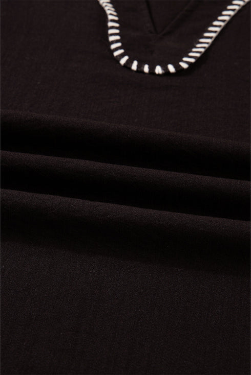 Ruffle Trim Long Sleeve Stitch Detail V Neck Blouse