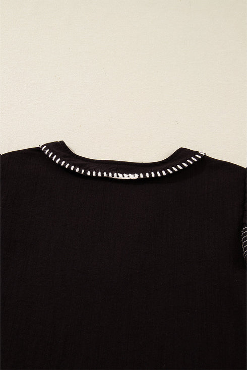 Ruffle Trim Long Sleeve Stitch Detail V Neck Blouse