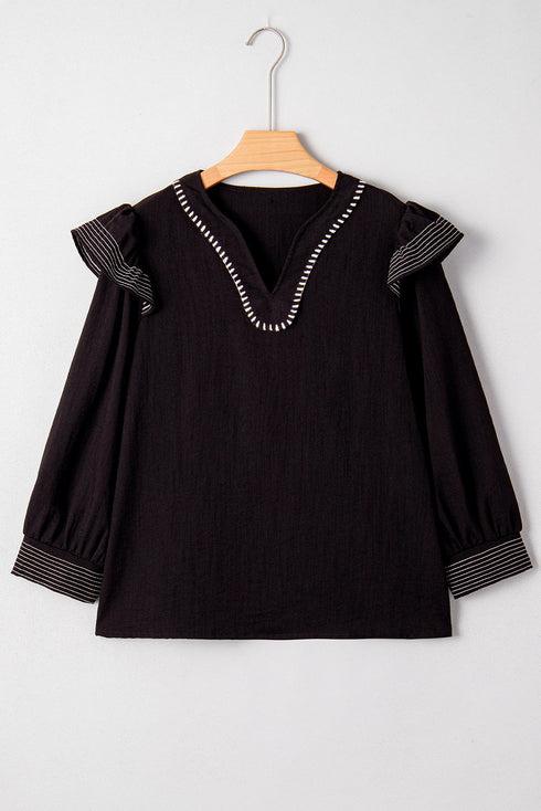 Ruffle Trim Long Sleeve Stitch Detail V Neck Blouse
