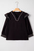 Ruffle Trim Long Sleeve Stitch Detail V Neck Blouse
