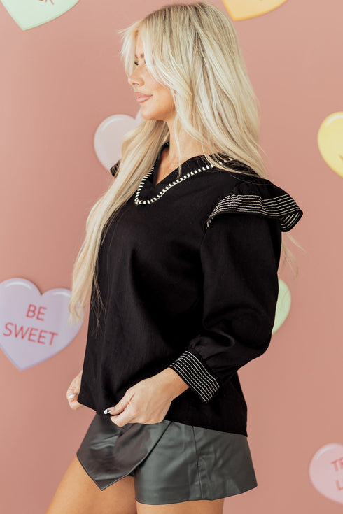 Ruffle Trim Long Sleeve Stitch Detail V Neck Blouse