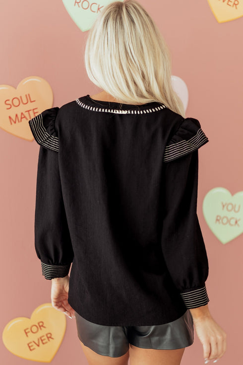 Ruffle Trim Long Sleeve Stitch Detail V Neck Blouse