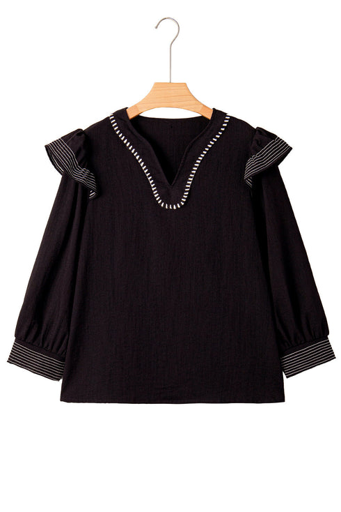 Ruffle Trim Long Sleeve Stitch Detail V Neck Blouse