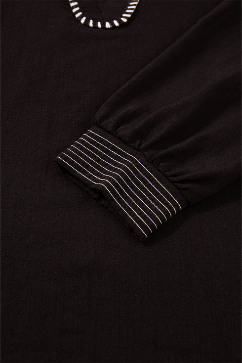 Ruffle Trim Long Sleeve Stitch Detail V Neck Blouse
