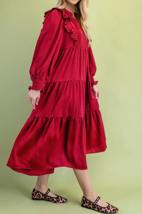 Ruffle Trim Long Sleeve Tiered A Line Shift Midi Dress
