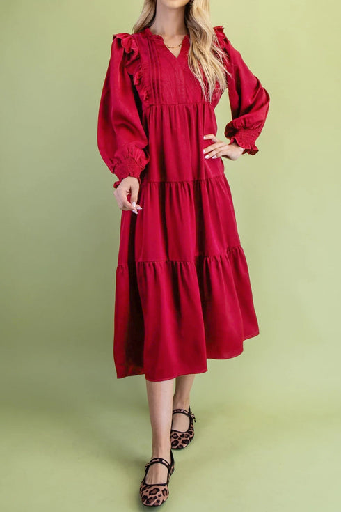 Ruffle Trim Long Sleeve Tiered A Line Shift Midi Dress