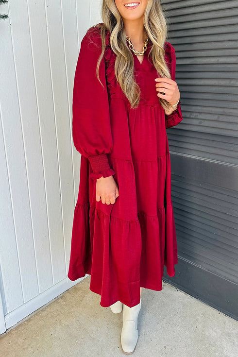 Ruffle Trim Long Sleeve Tiered A Line Shift Midi Dress