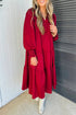 Ruffle Trim Long Sleeve Tiered A Line Shift Midi Dress
