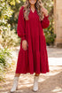 Ruffle Trim Long Sleeve Tiered A Line Shift Midi Dress