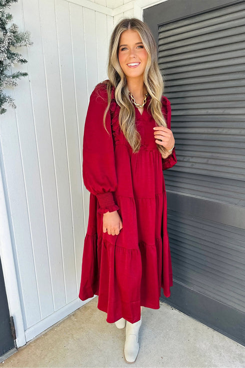 Ruffle Trim Long Sleeve Tiered A Line Shift Midi Dress