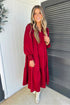 Ruffle Trim Long Sleeve Tiered A Line Shift Midi Dress