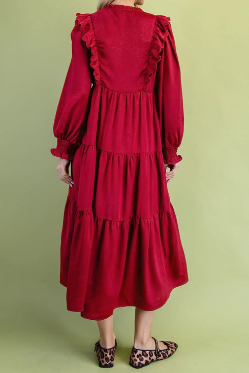 Ruffle Trim Long Sleeve Tiered A Line Shift Midi Dress