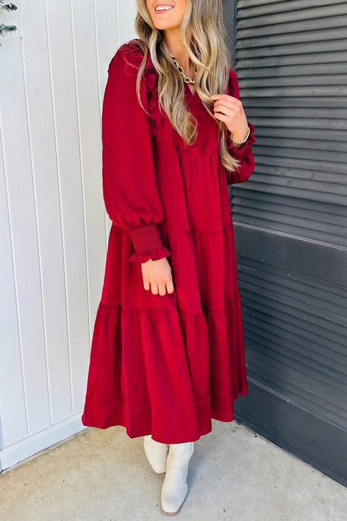Ruffle Trim Long Sleeve Tiered A Line Shift Midi Dress
