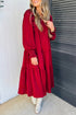 Ruffle Trim Long Sleeve Tiered A Line Shift Midi Dress