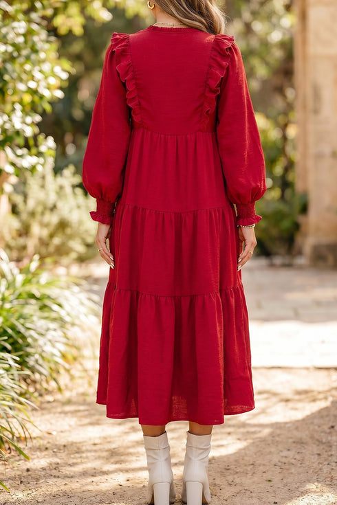 Ruffle Trim Long Sleeve Tiered A Line Shift Midi Dress