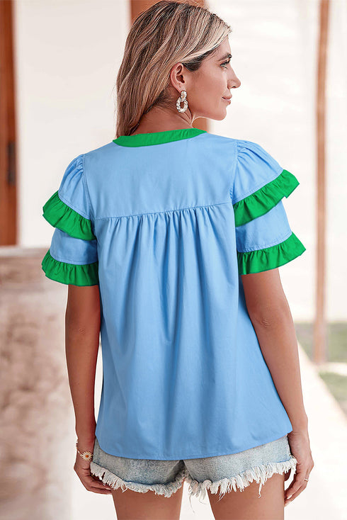 Ruffle Trim Notched Neck Tiered Sleeve Cotton Blouse