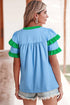 Ruffle Trim Notched Neck Tiered Sleeve Cotton Blouse