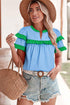 Ruffle Trim Notched Neck Tiered Sleeve Cotton Blouse