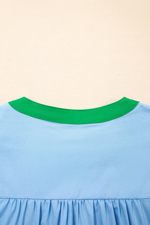 Ruffle Trim Notched Neck Tiered Sleeve Cotton Blouse