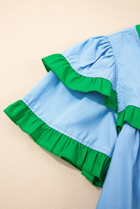 Ruffle Trim Notched Neck Tiered Sleeve Cotton Blouse