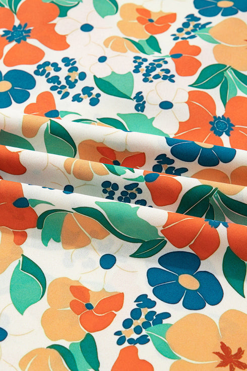 Ruffle Trim V Neck Three Quarter Sleeve Floral Print Blouse