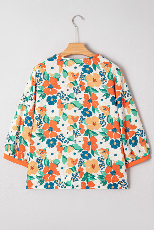 Ruffle Trim V Neck Three Quarter Sleeve Floral Print Blouse