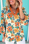 Ruffle Trim V Neck Three Quarter Sleeve Floral Print Blouse