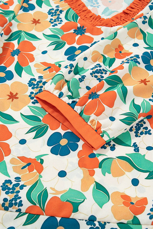 Ruffle Trim V Neck Three Quarter Sleeve Floral Print Blouse