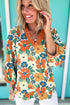 Ruffle Trim V Neck Three Quarter Sleeve Floral Print Blouse
