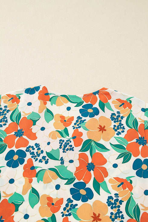 Ruffle Trim V Neck Three Quarter Sleeve Floral Print Blouse