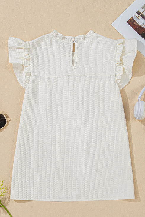 Ruffle Trim V Neck Waffle Knit Blouse