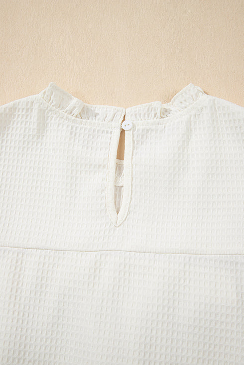 Ruffle Trim V Neck Waffle Knit Blouse