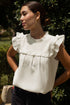 Ruffle Trim V Neck Waffle Knit Blouse