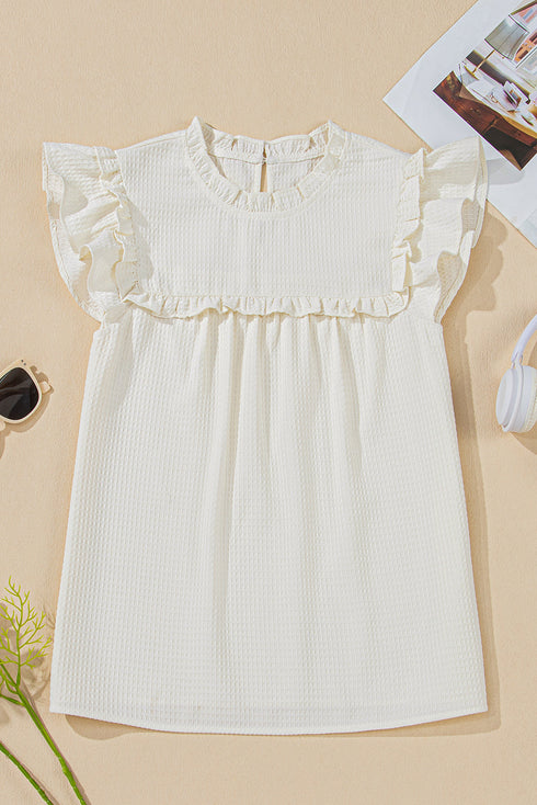 Ruffle Trim V Neck Waffle Knit Blouse