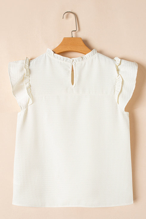 Ruffle Trim V Neck Waffle Knit Blouse
