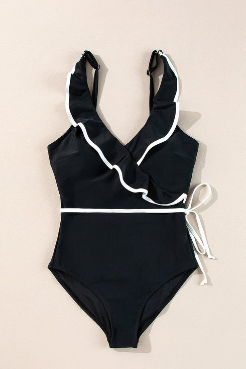 Ruffle Trimmed Surplice Neck One Piece Swimsuit