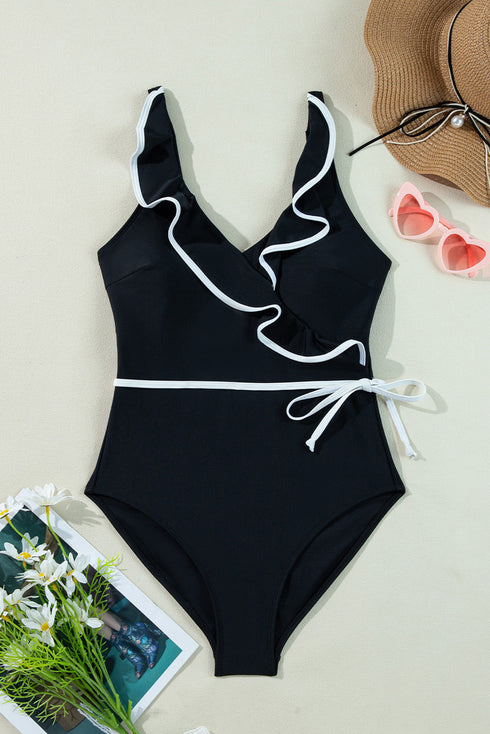 Ruffle Trimmed Surplice Neck One Piece Swimsuit
