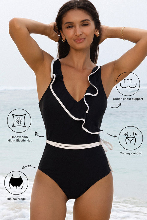 Ruffle Trimmed Surplice Neck One Piece Swimsuit