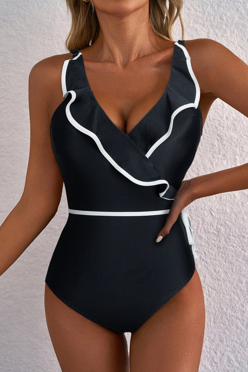 Ruffle Trimmed Surplice Neck One Piece Swimsuit