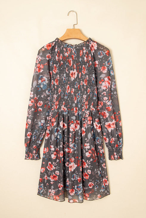Ruffle V Neck Smocked Bodice Sheer Mesh Long Sleeve Floral A Line Mini Dress