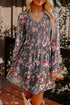 Ruffle V Neck Smocked Bodice Sheer Mesh Long Sleeve Floral A Line Mini Dress
