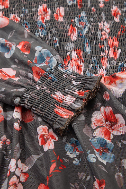 Ruffle V Neck Smocked Bodice Sheer Mesh Long Sleeve Floral A Line Mini Dress