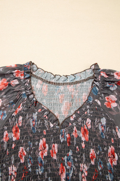 Ruffle V Neck Smocked Bodice Sheer Mesh Long Sleeve Floral A Line Mini Dress