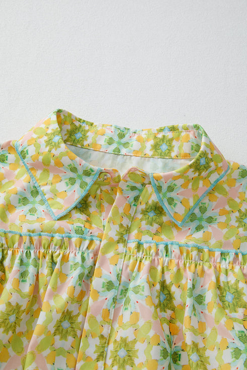 Ruffled Balloon Sleeve Printed Button Down Shirt