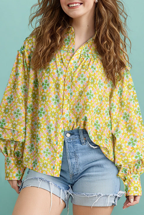 Ruffled Balloon Sleeve Printed Button Down Shirt
